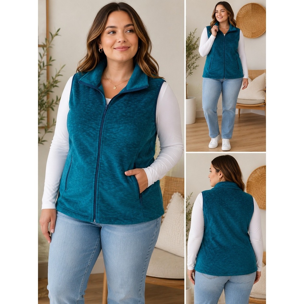 Old Navy Women's Large L 12-14 Teal Blue Fleece Vest Full Zip Pockets Soft